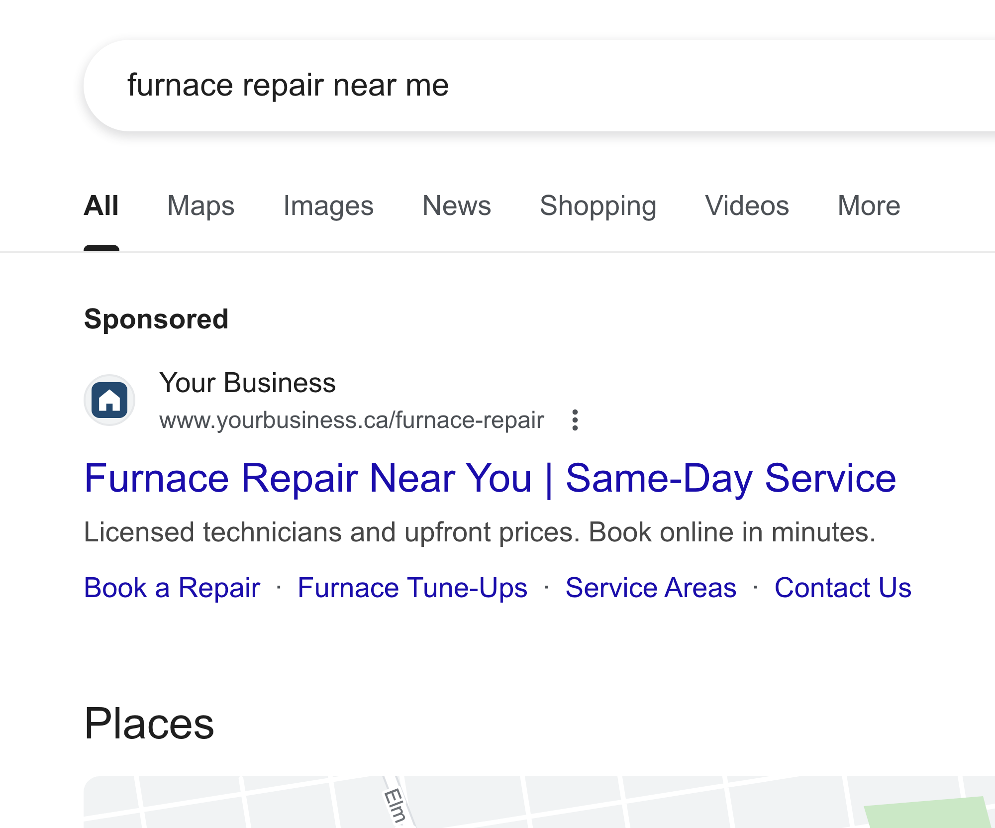Example of a Google search ad: the search “furnace repair near me” with a Sponsored result for Your Business, yourbusiness.ca, above map listings with star ratings.