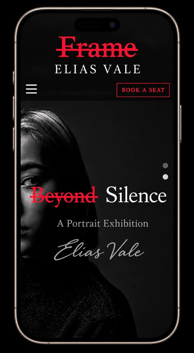 Portrait exhibition website on a phone, with a Book a seat button