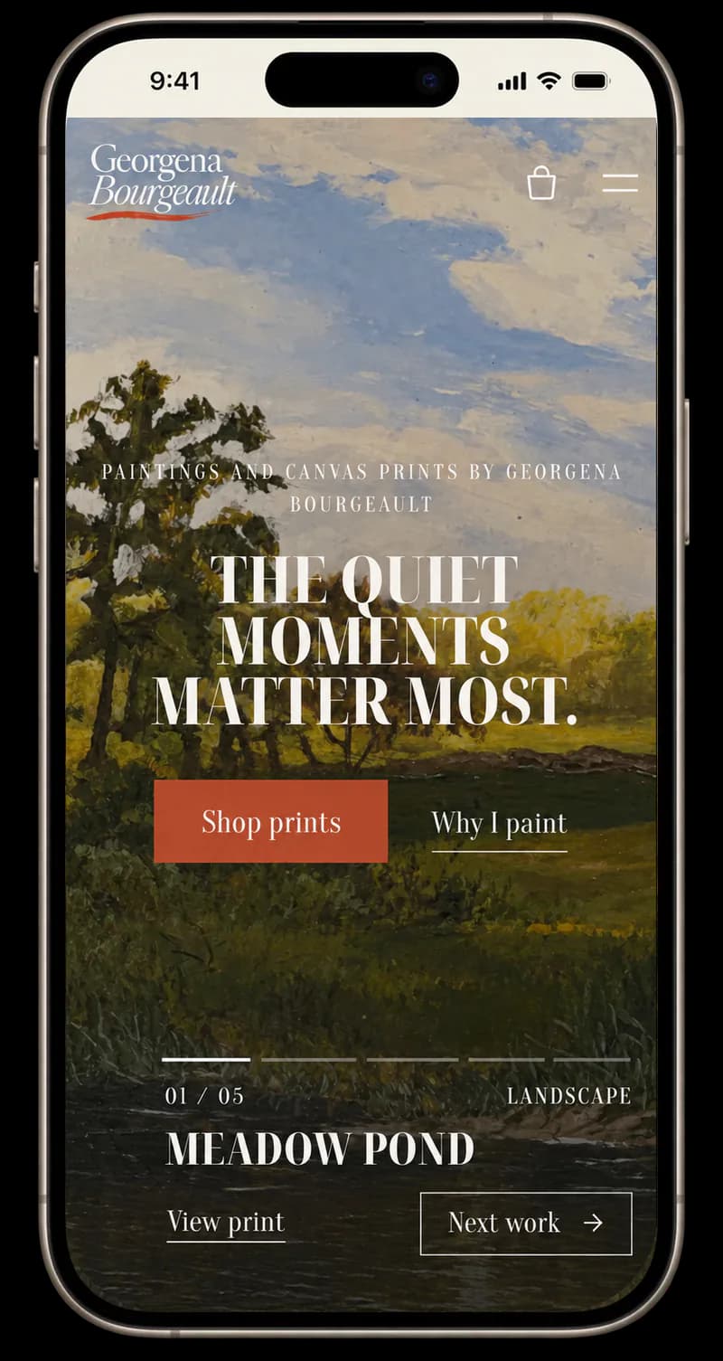 Georgena Bourgeault’s artist website on a phone, showing “The quiet moments matter most” and a Shop prints button