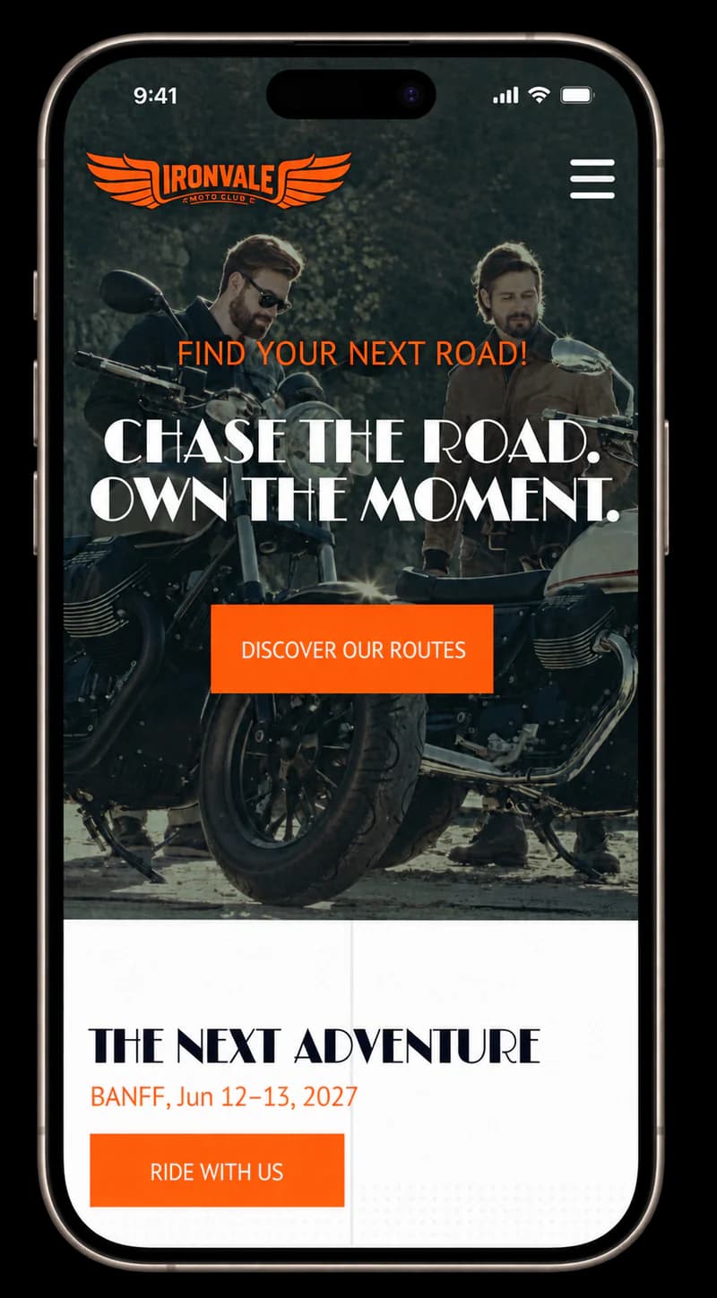 Ironvale motorcycle riding website on a phone, promoting a ride in Banff