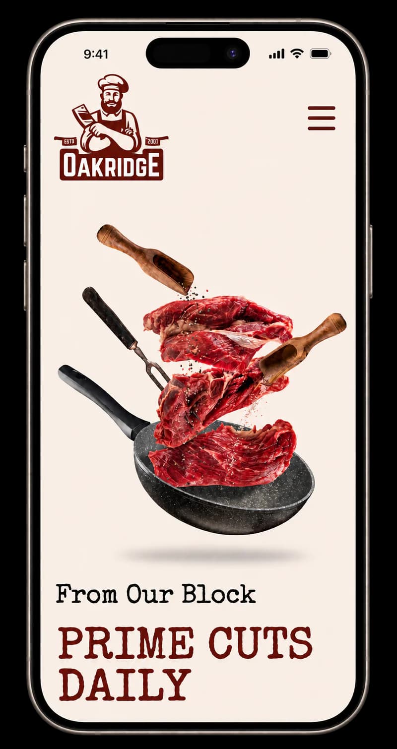 Oakridge mobile website on a phone: “From our block, prime cuts daily”