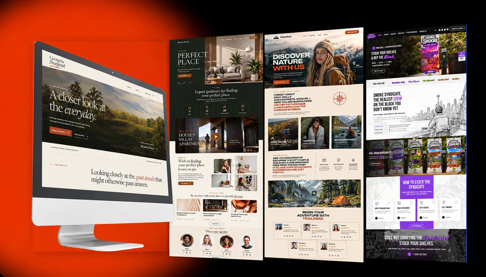 Four website designs by Southwest Digital: Georgena Bourgeault, Haven & Co., Trailpeak and Smoke Syndicate